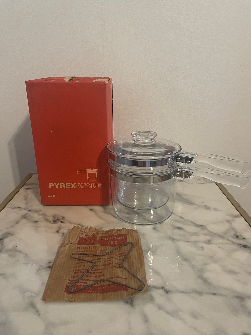 Vtg Pyrex Flameware Double Boiler Pots #6283 Clear Glass Complete 3 Pcs 1.5 Qt.